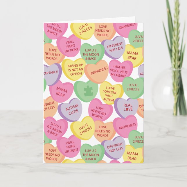 Tarjeta Festiva Conciencia de autismo Valentine Heart Candy Saying (Anverso)