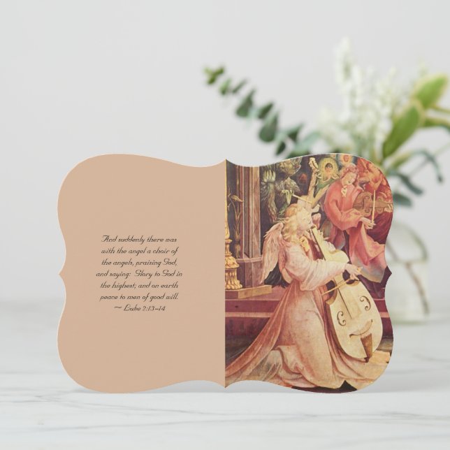 Tarjeta Festiva Concierto de ángeles con las escrituras (Anverso de pie)
