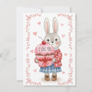 Tarjeta Festiva Conejito Adorable Sosteniendo Cupcake Rosa