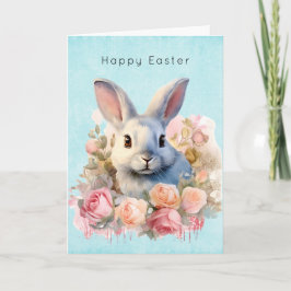 Tarjeta Festiva Conejito con una Guirnalda de Rosas Lindo Easter