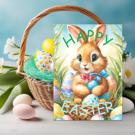 Tarjeta Festiva Conejito de Pascua adorable en una cesta con huevo