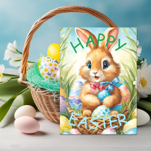 Tarjeta Festiva Conejito de Pascua adorable en una cesta con huevo
