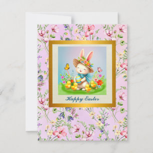 Tarjeta Festiva Conejito de Pascua adorable y flores felices de pr