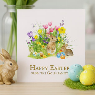 Tarjeta Festiva Conejito de Pascua Collage Jardín de Flores 