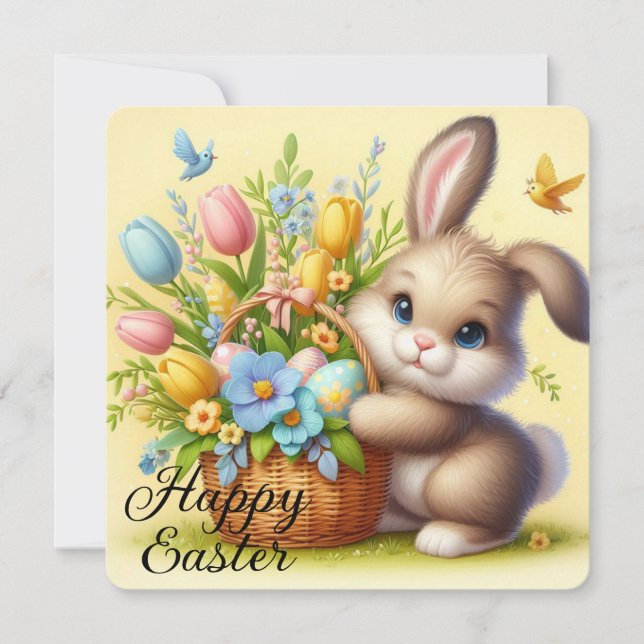 Tarjeta Festiva Conejito de Pascua con Flores y Cesta (Anverso)