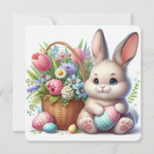 Tarjeta Festiva Conejito de Pascua con Huevos, Flores y Cesta