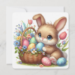 Tarjeta Festiva Conejito de Pascua con Huevos, Flores y Cesta