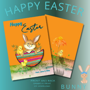 Tarjeta Festiva Conejito de Pascua con pollitos Naranja