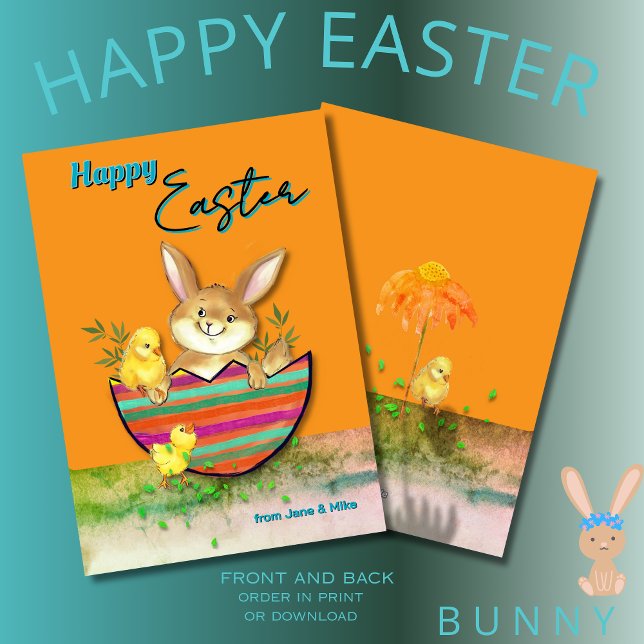 Tarjeta Festiva Conejito de Pascua con pollitos Naranja (Cute Easter Bunny with chicks Orange Holiday Card)