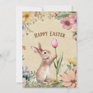 Tarjeta Festiva Conejito de Pascua con Tulipán Rosa Floral Vintage