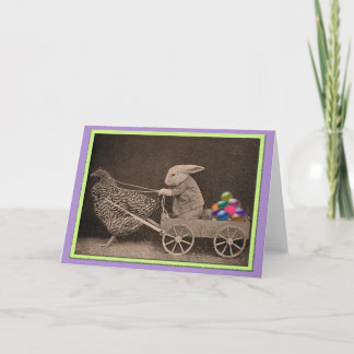 Tarjeta Festiva Conejito de pascua del vintage con el pollo