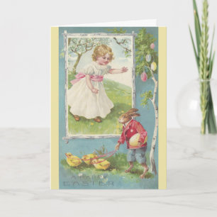Tarjeta Festiva Conejito de pascua del vintage con la niña,