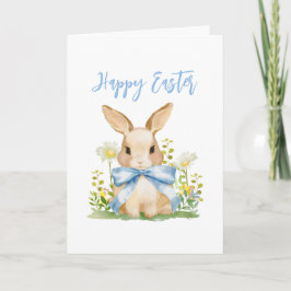 Tarjeta Festiva Conejito de Pascua en acuarela con lazo azul de gi