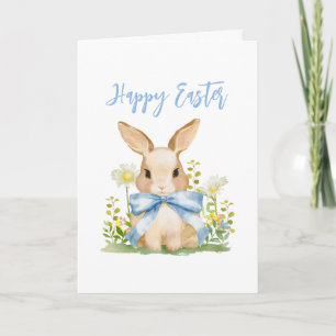 Tarjeta Festiva Conejito de Pascua en acuarela con lazo azul de gi