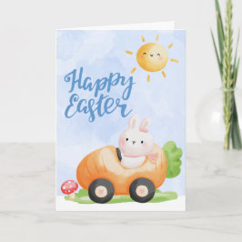 Tarjeta Festiva Conejito de Pascua en carro arrojo