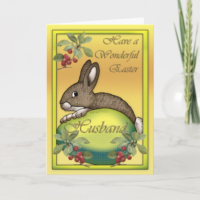 Tarjeta Festiva Conejito de pascua feliz con el huevo, para el (Anverso)