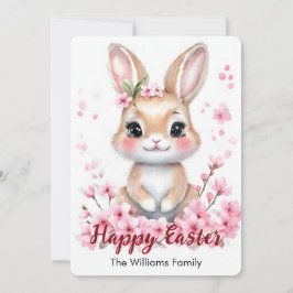 Tarjeta Festiva Conejito de Pascua flores rosadas lindas