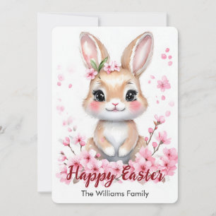 Tarjeta Festiva Conejito de Pascua flores rosadas lindas