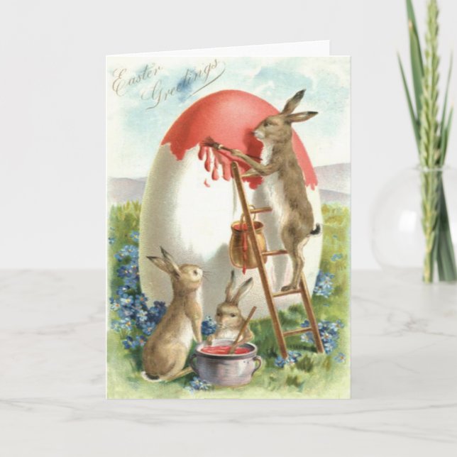 Tarjeta Festiva Conejito de Pascua Pintando Huevo Nomeolvides (Anverso)