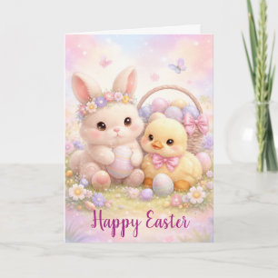 Tarjeta Festiva Conejito de Pascua y pato en pasteles
