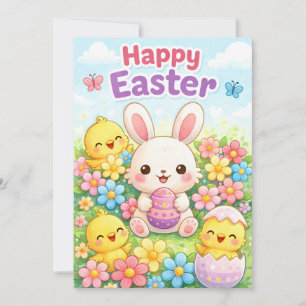 Tarjeta Festiva Conejito de Pascua y pollitos lindos Felices Pas