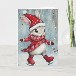 Tarjeta Festiva Conejito de patinaje sobre hielo navideño adorable