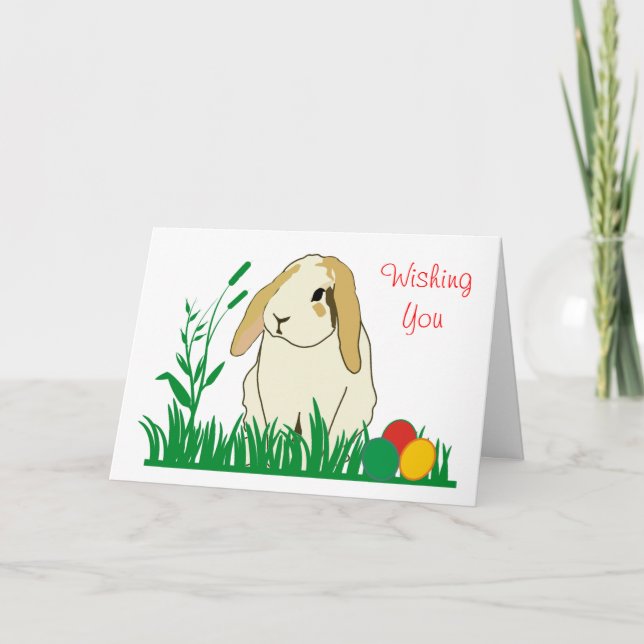 Tarjeta Festiva Conejito del Lop y huevos de Pascua espigados en (Anverso)