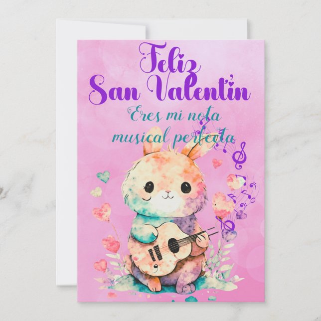 Tarjeta Festiva Conejito Guitarrista saludo san valentin (Anverso)
