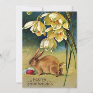 Tarjeta Festiva Conejito, huevos y campanillas de invierno, vintag