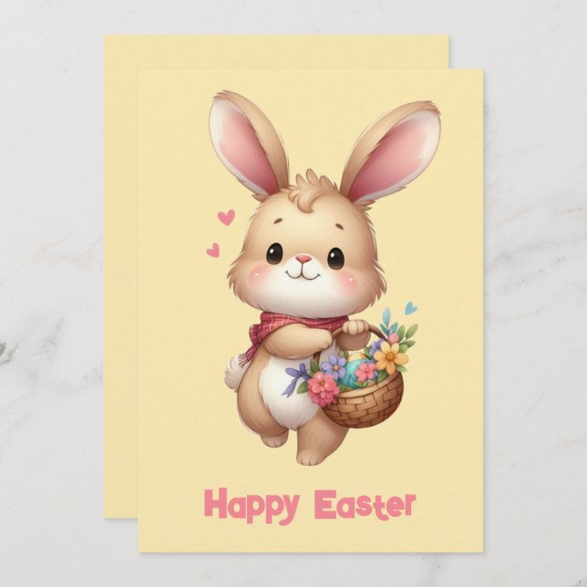 Tarjeta Festiva Conejito lindo con cesta y chal amarillo (Anverso / Reverso)