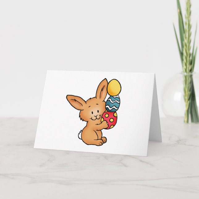 Tarjeta Festiva Conejito lindo con la pila de huevos (Anverso)