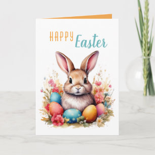Tarjeta Festiva Conejito Lindo Huevos Coloridos Flores Feliz Pascu