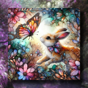 Tarjeta Festiva Conejito Lindo Persiguiendo Mariposa Vidrio Pintad