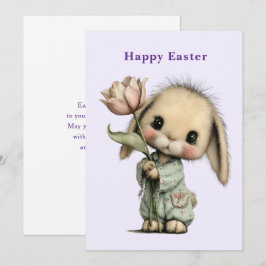 Tarjeta Festiva Conejito Lindo Sosteniendo una Tulipán de Pascua