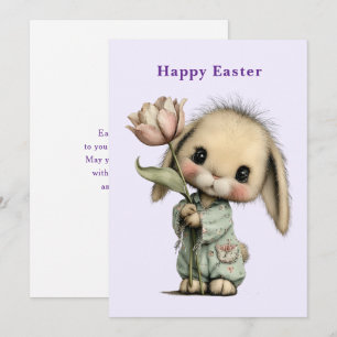 Tarjeta Festiva Conejito Lindo Sosteniendo una Tulipán de Pascua
