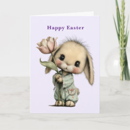 Tarjeta Festiva Conejito lindo sosteniendo una tulipán de Pascua