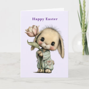 Tarjeta Festiva Conejito lindo sosteniendo una tulipán de Pascua