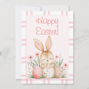 Tarjeta Festiva Conejito y huevos de Pascua en acuarela rosa adora