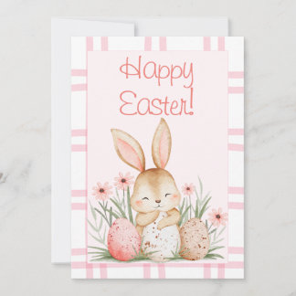 Tarjeta Festiva Conejito y huevos de Pascua en acuarela rosa adora