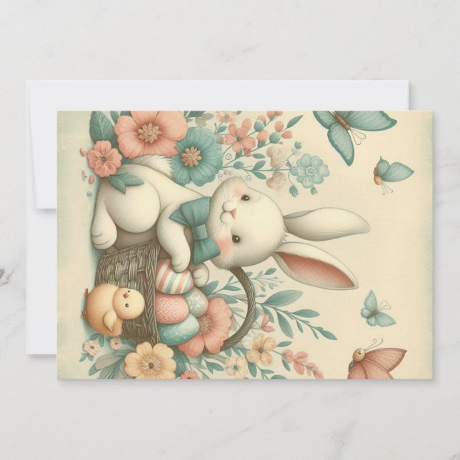 Tarjeta Festiva Conejito y pollito de Pascua antiguos y lindos (Anverso)