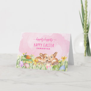 Tarjeta Festiva Conejitos adorables de acuarela, Pascua rosa