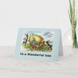 Tarjeta Festiva Conejitos de época y huevo de Pascua Azul