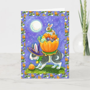 TARJETA FESTIVA CONEJITOS DE HALLOWEEN APILADOS, MAÍZ DE CARAMELO,