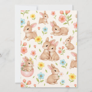 Tarjeta Festiva Conejitos dulces de primavera y patrón de jardín f