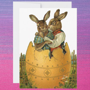 Tarjeta Festiva Conejitos en un huevo de oro, Pascua Victoriana Vi