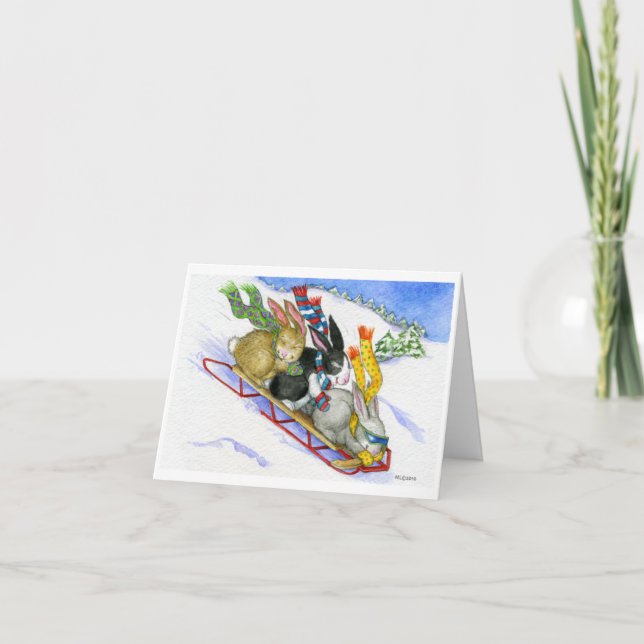 Tarjeta Festiva Conejitos Sledding (Anverso)