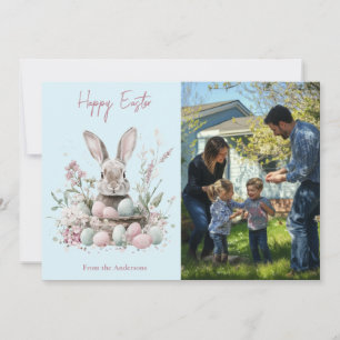 Tarjeta Festiva Conejo acuático lindo y foto floral de huevo de Pa
