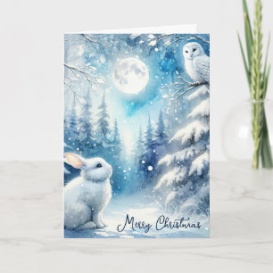 Tarjeta Festiva Conejo Acuático Y Lechuza Nieve