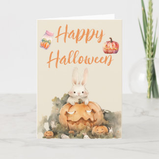 Tarjeta Festiva Conejo Adorable en Halloween, Parche de Calabaza