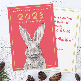 Tarjeta Festiva Conejo Año Nuevo Chino 2023 Bunny Animal art Red